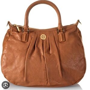 Tory Burch Cross body satchel tan leather gold pleated